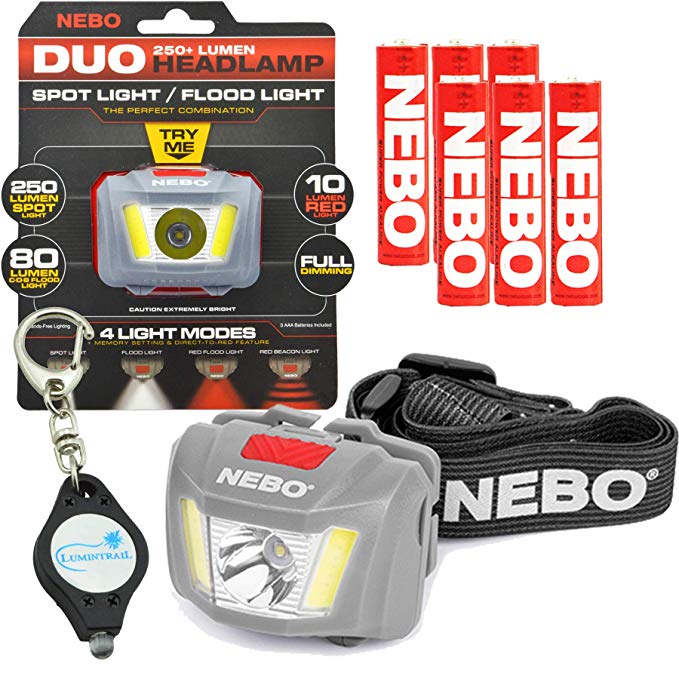 Nebo 6444 Duo LED Headlamp 250 Lumen Spot Light Flood Light Red Mode with 6 Nebo AAA Batteries and Lumintrail Keychain Light