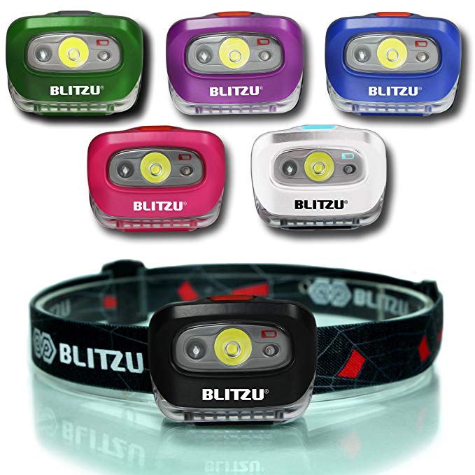 BLITZU Head Flashlight Headlamp, 165 Lumen Headlight with Bright White Cree Led + Red Light for Kids, Men, Women, Runners. Batteries Included for Running, Camping, Waterproof Adjustable Lamp Headband