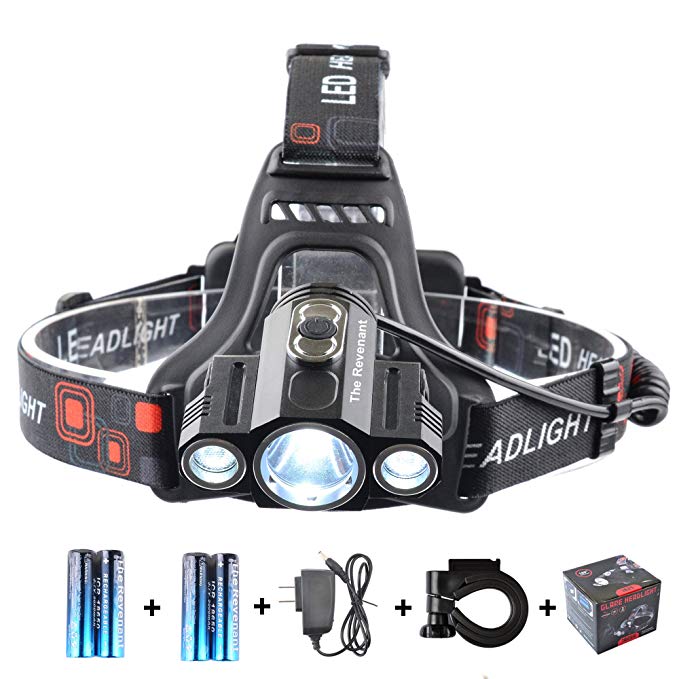 The Revenant Super Bright LED Headlamp Headlight 4 Modes 5000 Lumens Waterproof Lightweight, Rechargeable Batteries, Charger, Bicycle Holder, Black