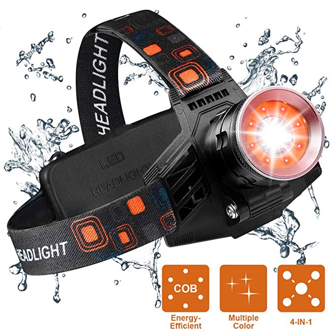 Wsky Led Headlamp Flashlight, Best Powerful Waterproof Headlamp with 4 in 1 Red White Light, Perfect for Working Camping Biking Emergency (Batteries Not Included)