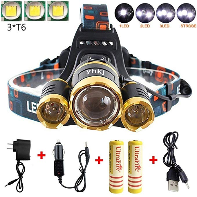 Super Bright 6000 Lumens Led Headlamp Flashlight , Fishing Head Lamp，Waterproof Hard Hat Light , Improved Led with Rechargeable Batteries for Reading Outdoor Running Camping Walking-Gold