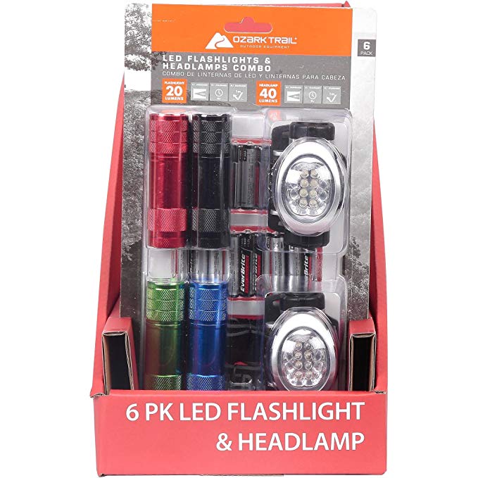 Ozark Trail 6 LED Flashlight and 8 LED Headlamp Combo 18 AAA Batteries 6 Pack