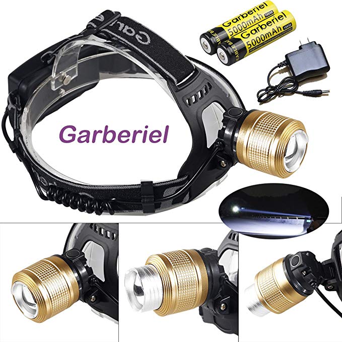 Garberiel 2000LM XM-L T6 LED Headlamp Outdoor Rechargeable LED Headlamp with 3 Modes Adjustable 18650 Head Light Lamp USA (Golden)