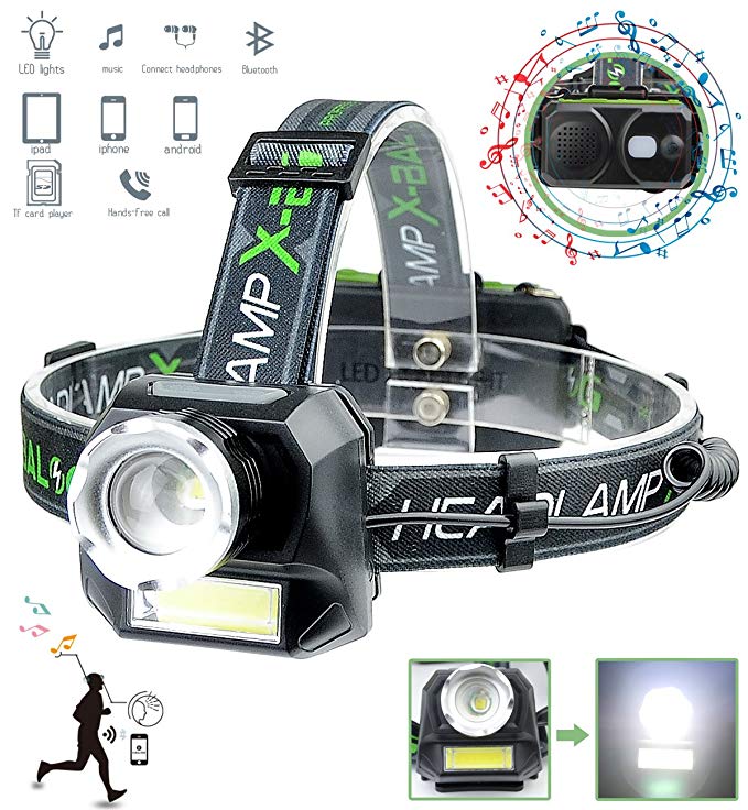 XULUOQI Headlamp,LED Rechargeable Headlamp Flashlight with Wireless Bluetooth Speaker, Comfortable Headlight Can Read Micro sd Card and USB Wireless Link Phone to Listen to Mp3 Music,Running, Camping