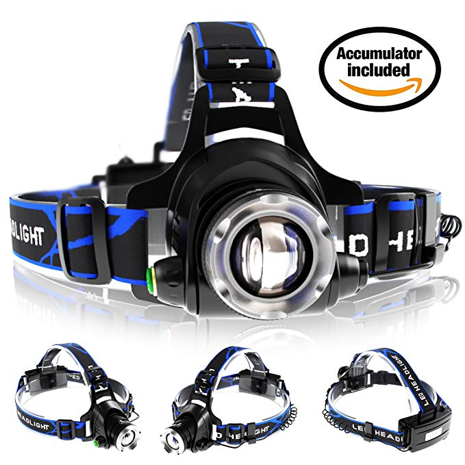 Zoomable Rechargeable Headlamp - LED Headlight Flashlight with Batteries - Head Flashlight - Best Tactical Headlamp - 2000 Lumen Hard Hat Light - Brightest Waterproof Led Head Lamp (Black)