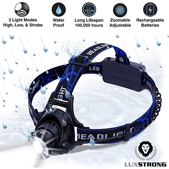 LuxStrong Zoomable 3 Modes SuperBright LED Headlamp with Rechargeable Batteries, Wall Charger, Waterproof, for Running, Biking, etc