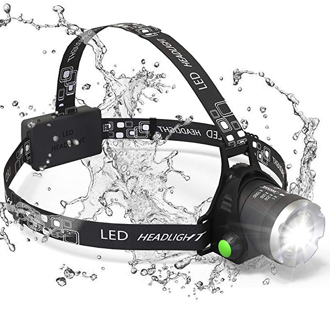 Headlamp, Sungluber 3 Modes Super Bright LED Headlight, Waterproof Flashlight with 90º Moving Zoomable 2Pack Rechargeable 18650 Battery Adjustable Headband